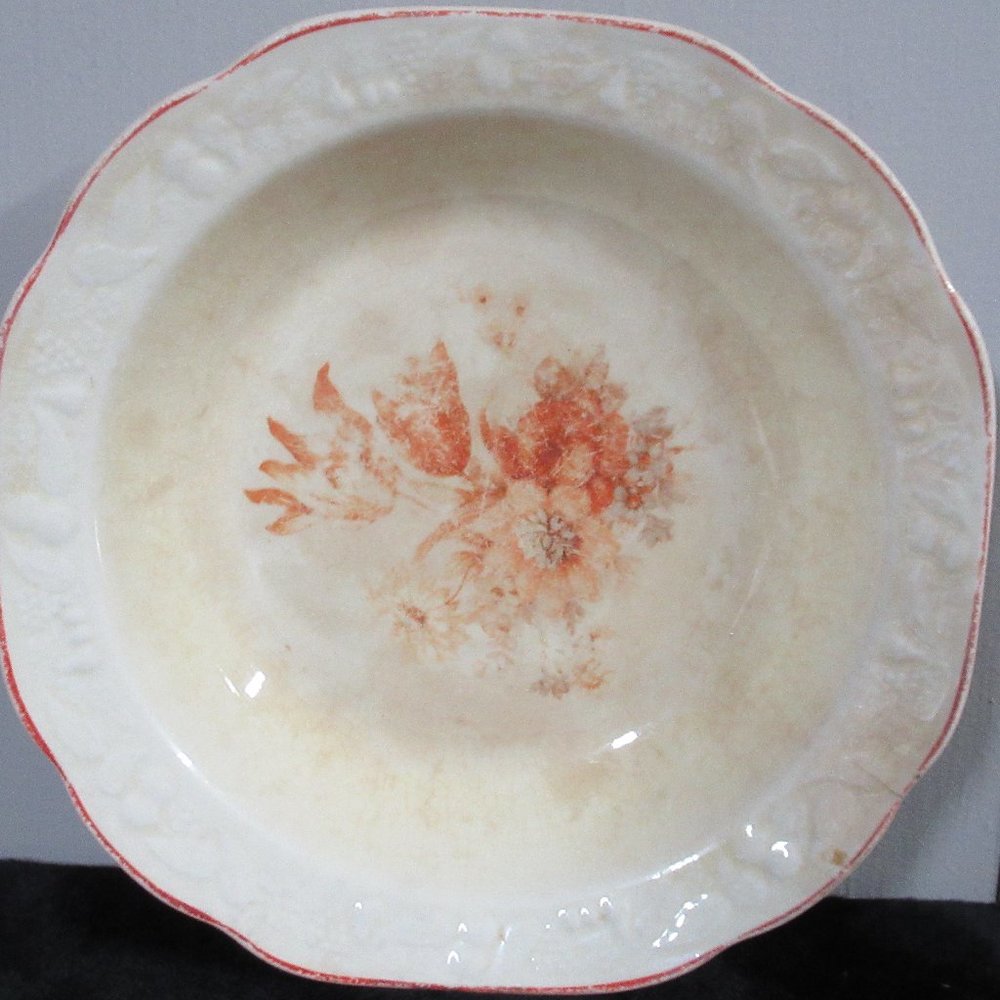 💥Crooksville, Square Rimmed Fruit/Sauce Bowl, Rust & Tan Floral Center